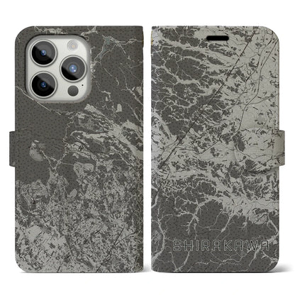 【白河（福島県）】地図柄iPhoneケース（手帳タイプ）モノトーン・iPhone 15 Pro 用