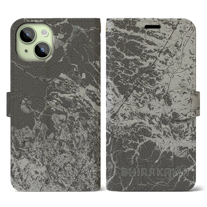 【白河（福島県）】地図柄iPhoneケース（手帳タイプ）モノトーン・iPhone 15 用