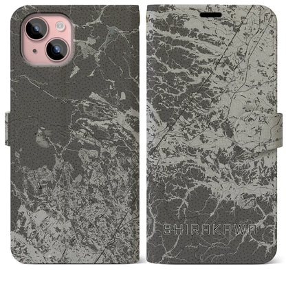 【白河（福島県）】地図柄iPhoneケース（手帳タイプ）モノトーン・iPhone 15 Plus 用