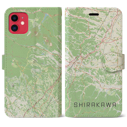 【白河（福島県）】地図柄iPhoneケース（手帳タイプ）ナチュラル・iPhone 11 用
