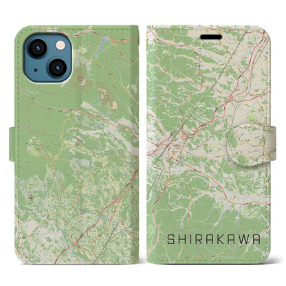 【白河（福島県）】地図柄iPhoneケース（手帳タイプ）ナチュラル・iPhone 13 用