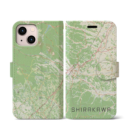 【白河（福島県）】地図柄iPhoneケース（手帳タイプ）ナチュラル・iPhone 13 mini 用