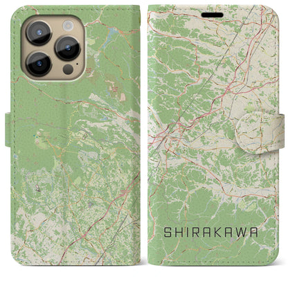 【白河（福島県）】地図柄iPhoneケース（手帳タイプ）ナチュラル・iPhone 14 Pro Max 用
