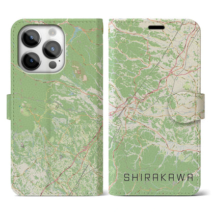 【白河（福島県）】地図柄iPhoneケース（手帳タイプ）ナチュラル・iPhone 14 Pro 用