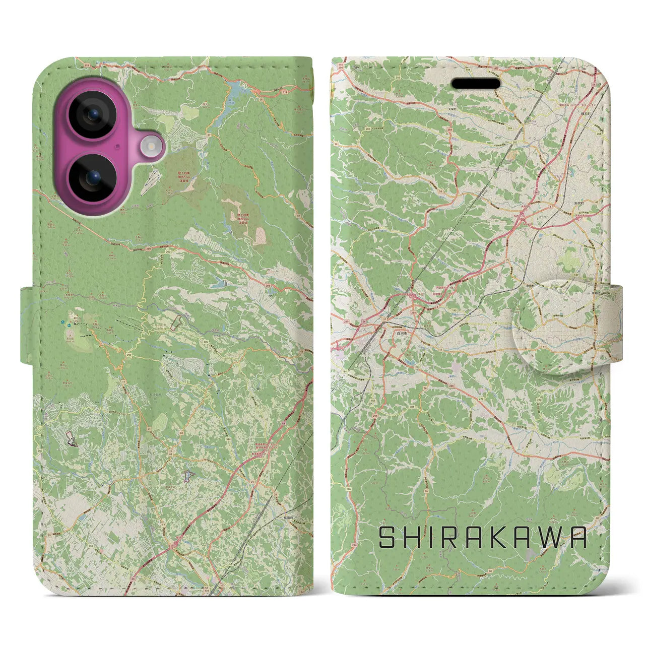 【白河（福島県）】地図柄iPhoneケース（手帳タイプ）ナチュラル・iPhone 16 Pro 用