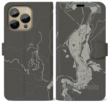 【白川郷（岐阜県）】地図柄iPhoneケース（手帳タイプ）モノトーン・iPhone 14 Pro Max 用