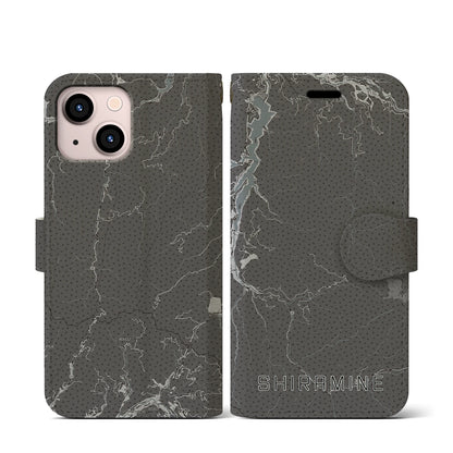 【白峰（石川県）】地図柄iPhoneケース（手帳タイプ）モノトーン・iPhone 13 mini 用