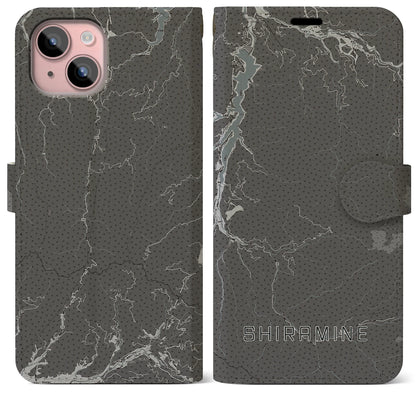 【白峰（石川県）】地図柄iPhoneケース（手帳タイプ）モノトーン・iPhone 15 Plus 用