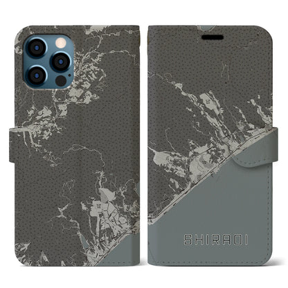 【白老（北海道）】地図柄iPhoneケース（手帳タイプ）モノトーン・iPhone 12 / 12 Pro 用