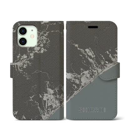 【白老（北海道）】地図柄iPhoneケース（手帳タイプ）モノトーン・iPhone 12 mini 用