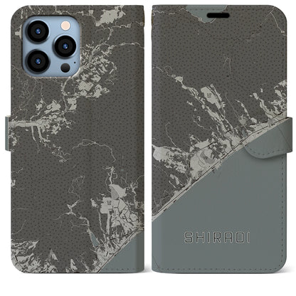 【白老（北海道）】地図柄iPhoneケース（手帳タイプ）モノトーン・iPhone 13 Pro Max 用