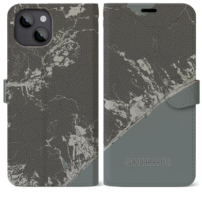 【白老（北海道）】地図柄iPhoneケース（手帳タイプ）モノトーン・iPhone 14 Plus 用