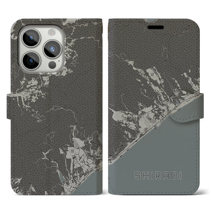 【白老（北海道）】地図柄iPhoneケース（手帳タイプ）モノトーン・iPhone 15 Pro 用