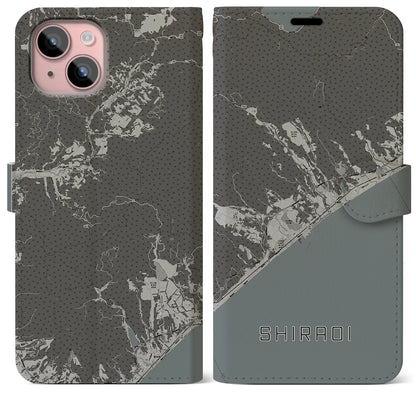 【白老（北海道）】地図柄iPhoneケース（手帳タイプ）モノトーン・iPhone 15 Plus 用