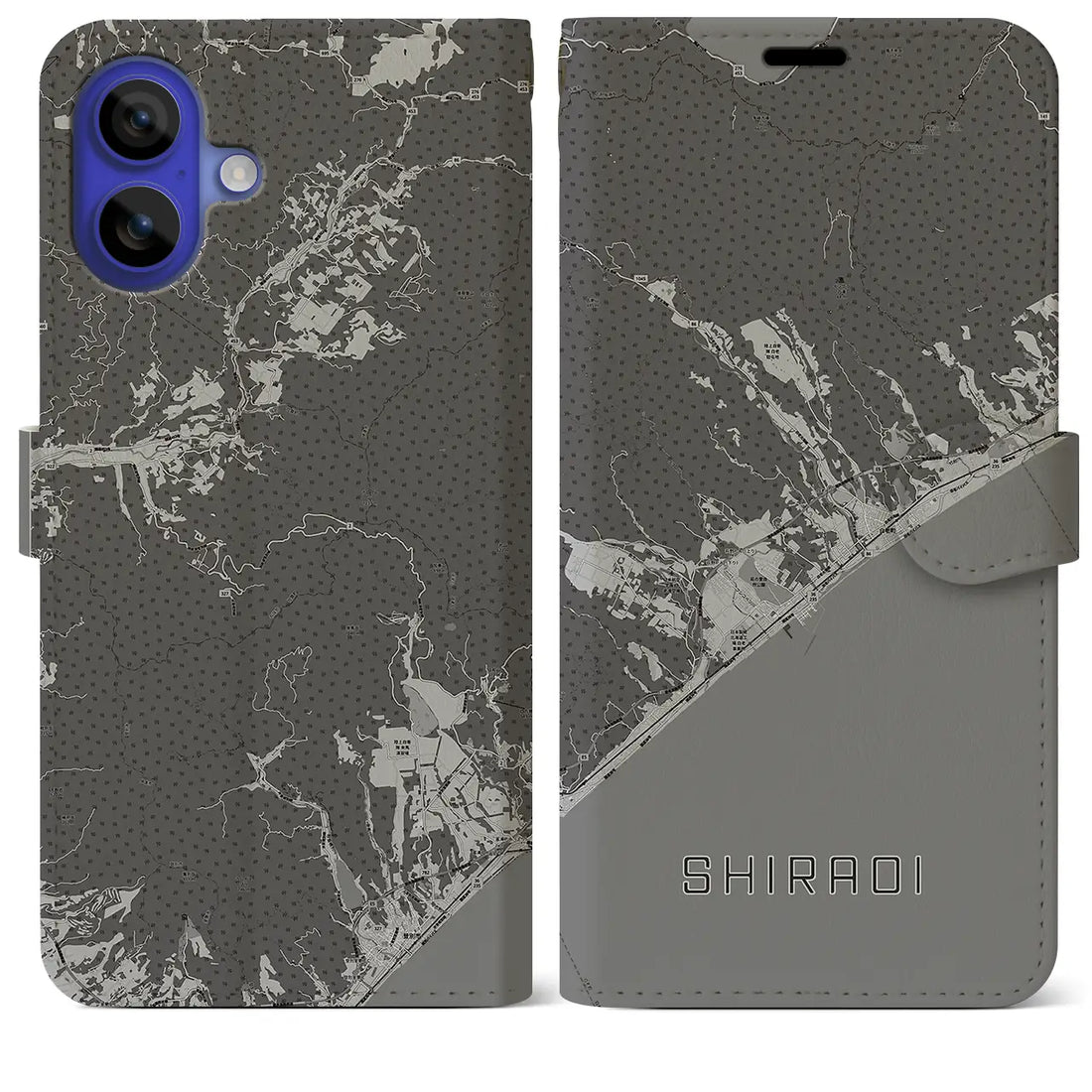 【白老(北海道)】地図柄iPhoneケース(手帳タイプ)モノトーン・iPhone 16 Pro Max 用