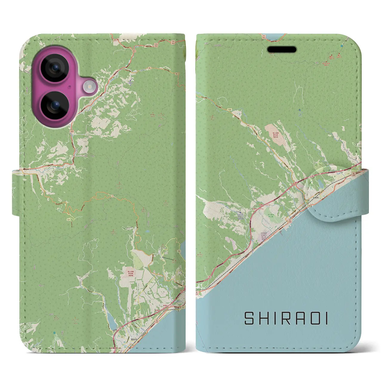 【白老（北海道）】地図柄iPhoneケース（手帳タイプ）ナチュラル・iPhone 16 Pro 用