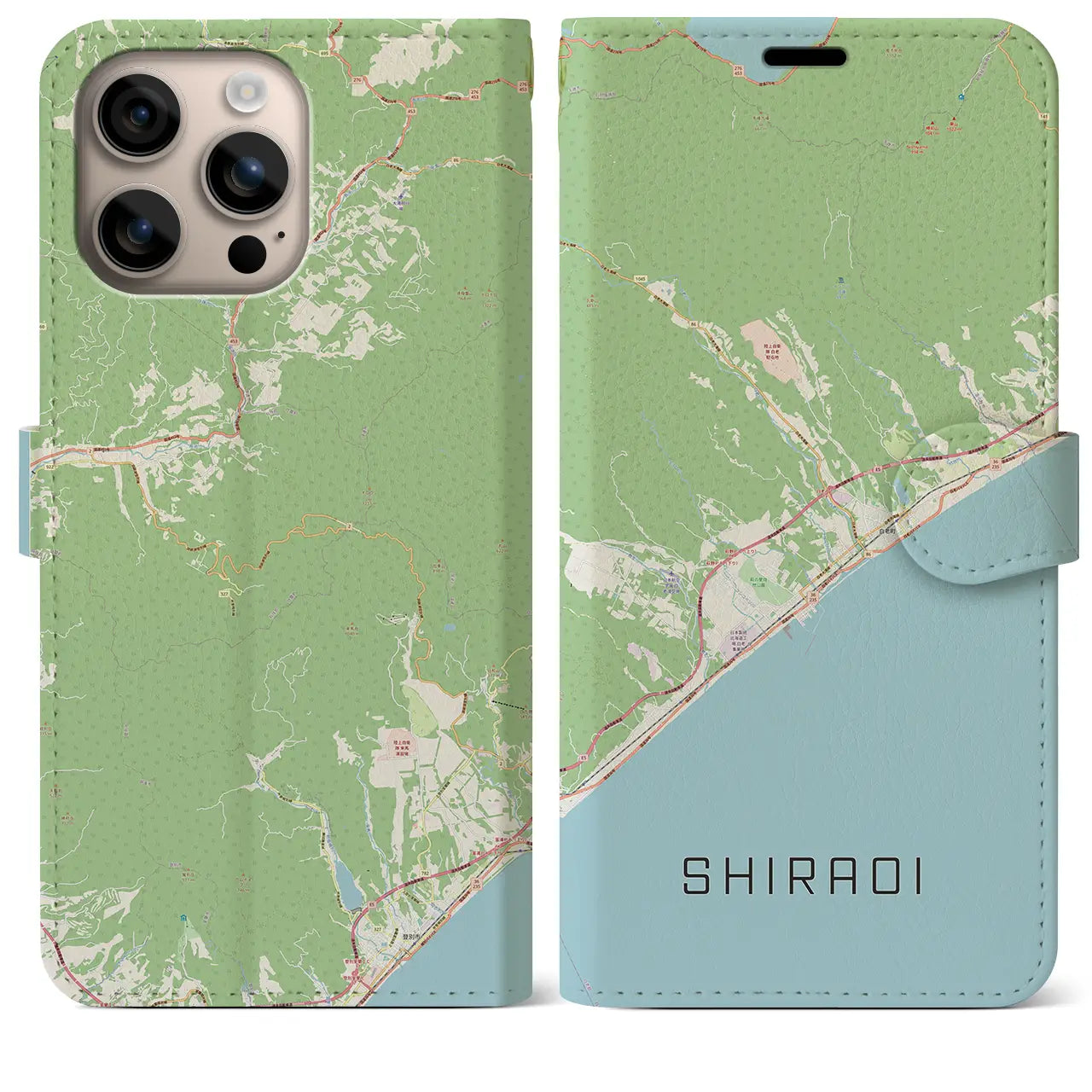 【白老（北海道）】地図柄iPhoneケース（手帳タイプ）ナチュラル・iPhone 16 Plus 用