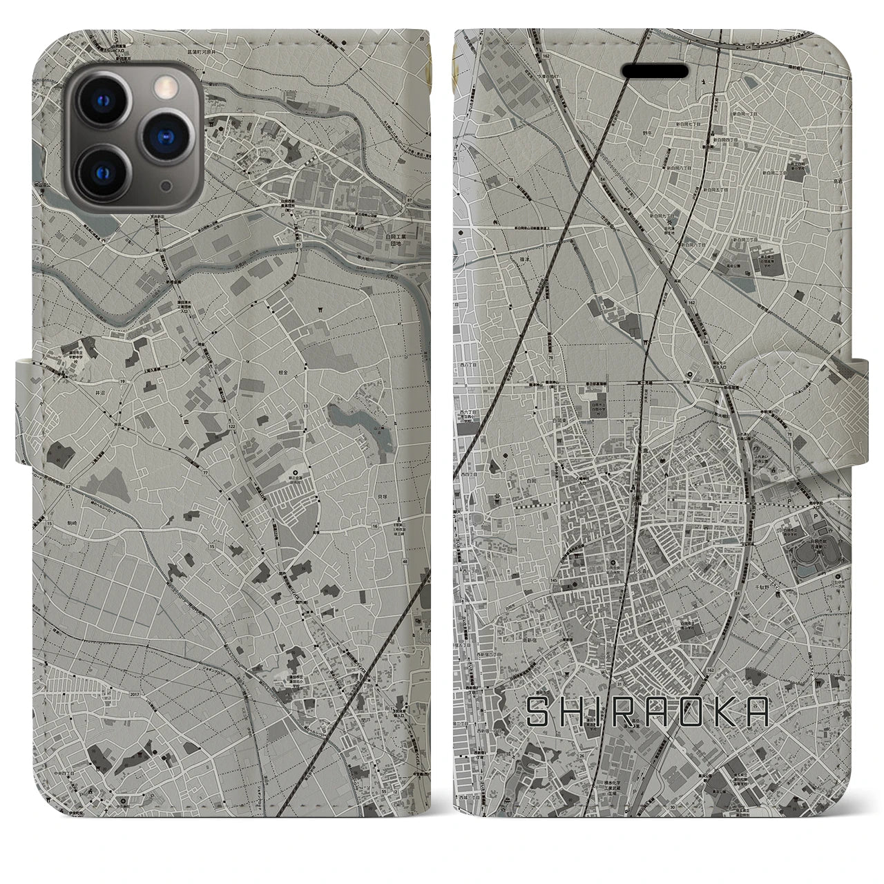 【白岡】地図柄iPhoneケース（手帳両面タイプ・モノトーン）iPhone 11 Pro Max 用