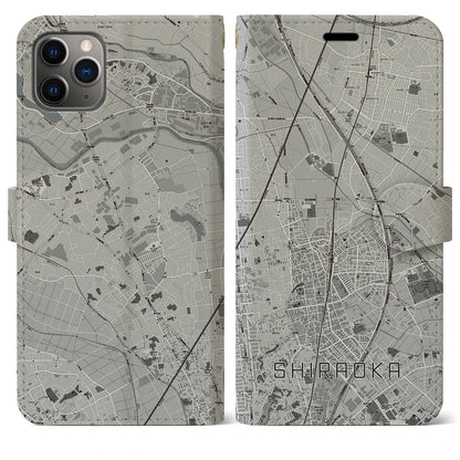 【白岡（埼玉県）】地図柄iPhoneケース（手帳タイプ）モノトーン・iPhone 11 Pro Max 用