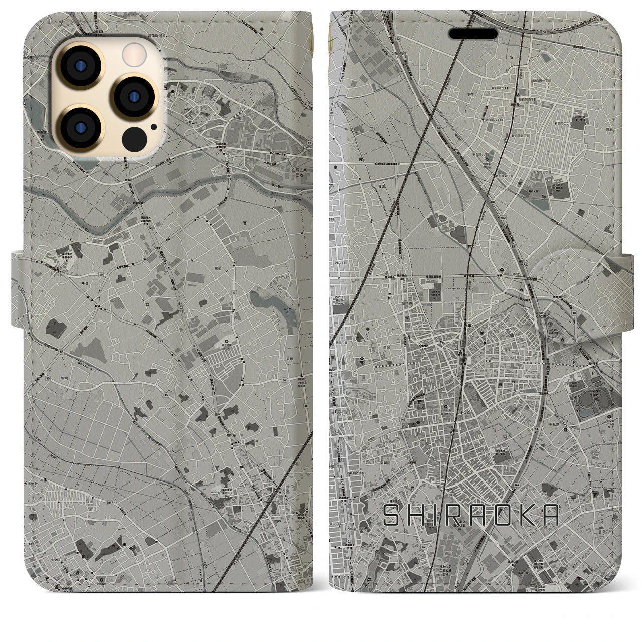 【白岡】地図柄iPhoneケース（手帳両面タイプ・モノトーン）iPhone 12 Pro Max 用