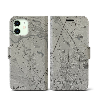 【白岡（埼玉県）】地図柄iPhoneケース（手帳タイプ）モノトーン・iPhone 12 mini 用