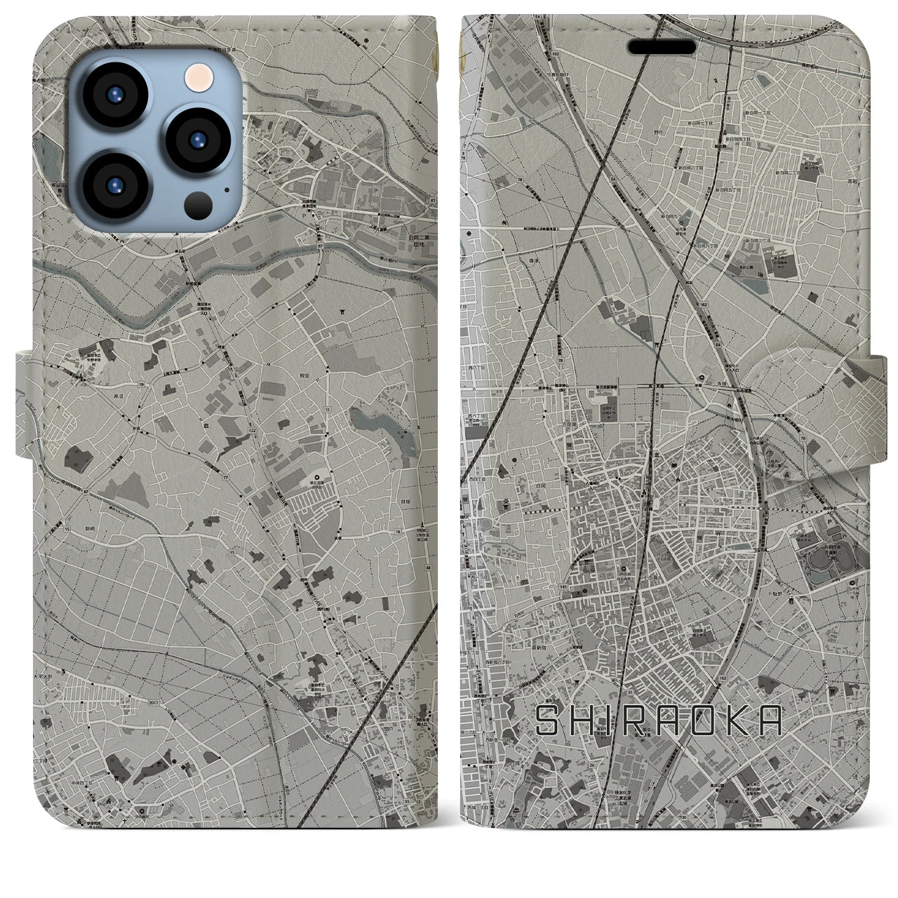 【白岡】地図柄iPhoneケース（手帳両面タイプ・モノトーン）iPhone 13 Pro Max 用
