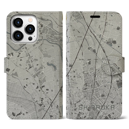 【白岡（埼玉県）】地図柄iPhoneケース（手帳タイプ）モノトーン・iPhone 13 Pro 用