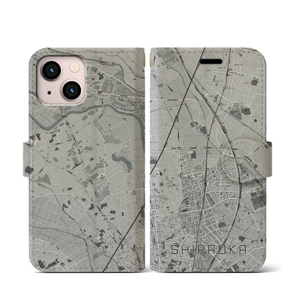 【白岡（埼玉県）】地図柄iPhoneケース（手帳タイプ）モノトーン・iPhone 13 mini 用