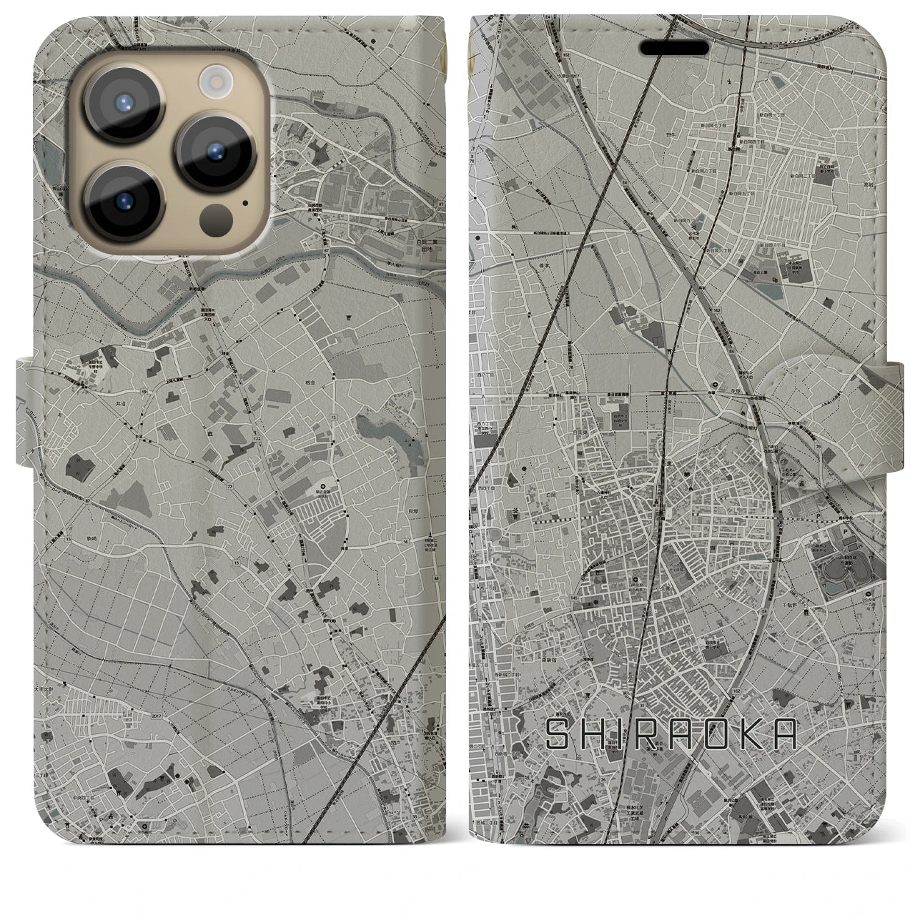 【白岡】地図柄iPhoneケース（手帳両面タイプ・モノトーン）iPhone 14 Pro Max 用