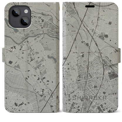 【白岡（埼玉県）】地図柄iPhoneケース（手帳タイプ）モノトーン・iPhone 14 Plus 用