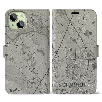 【白岡（埼玉県）】地図柄iPhoneケース（手帳タイプ）モノトーン・iPhone 15 用