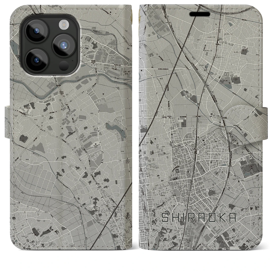 【白岡】地図柄iPhoneケース（手帳両面タイプ・モノトーン）iPhone 15 Pro Max 用