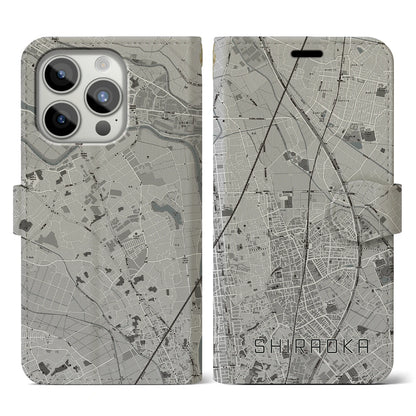 【白岡（埼玉県）】地図柄iPhoneケース（手帳タイプ）モノトーン・iPhone 15 Pro 用