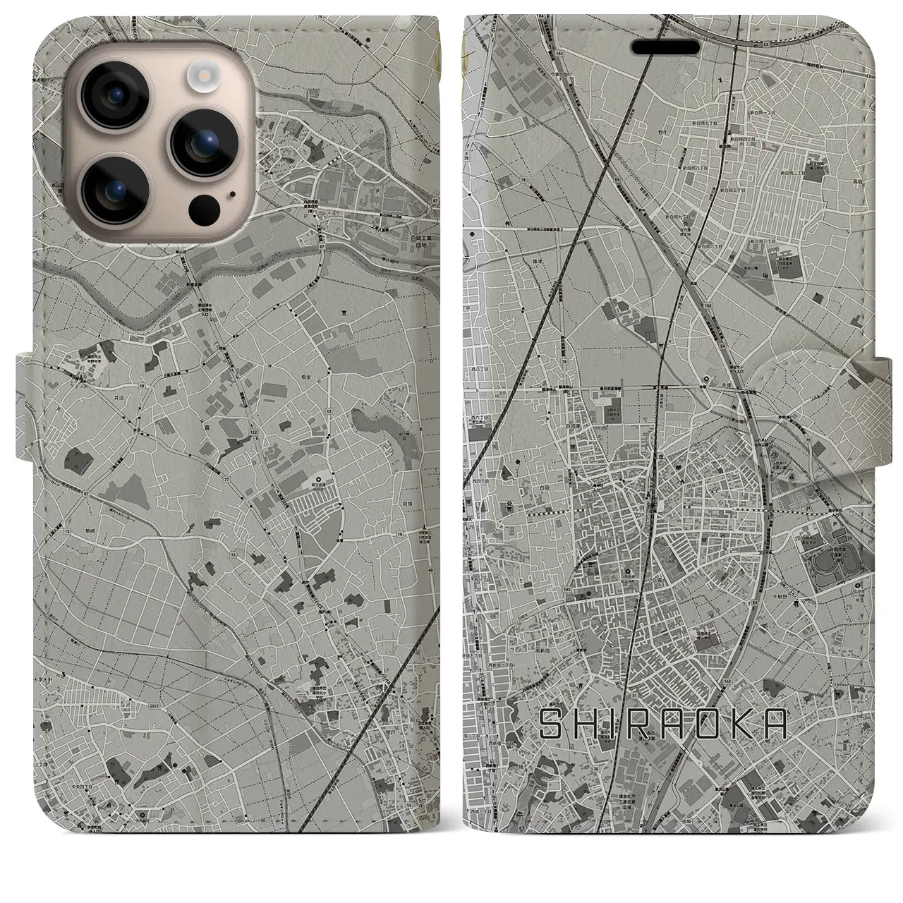 【白岡（埼玉県）】地図柄iPhoneケース（手帳タイプ）モノトーン・iPhone 16 Plus 用