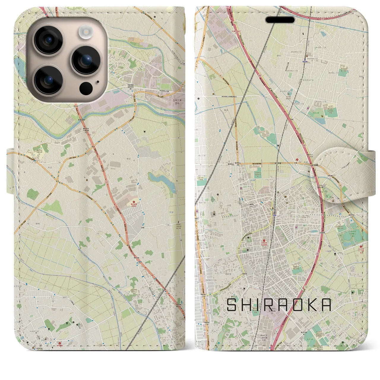 【白岡（埼玉県）】地図柄iPhoneケース（手帳タイプ）ナチュラル・iPhone 16 Plus 用