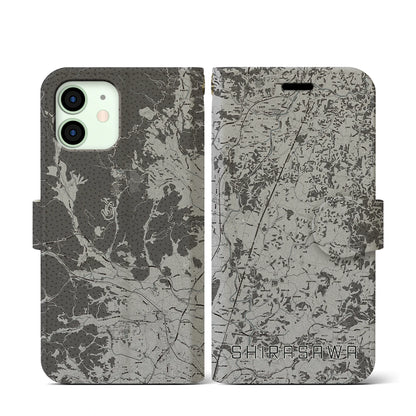 【白沢（福島県）】地図柄iPhoneケース（手帳タイプ）モノトーン・iPhone 12 mini 用