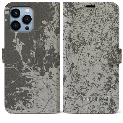 【白沢（福島県）】地図柄iPhoneケース（手帳タイプ）モノトーン・iPhone 13 Pro Max 用