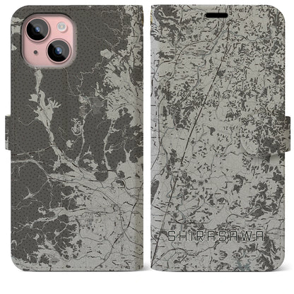 【白沢（福島県）】地図柄iPhoneケース（手帳タイプ）モノトーン・iPhone 15 Plus 用