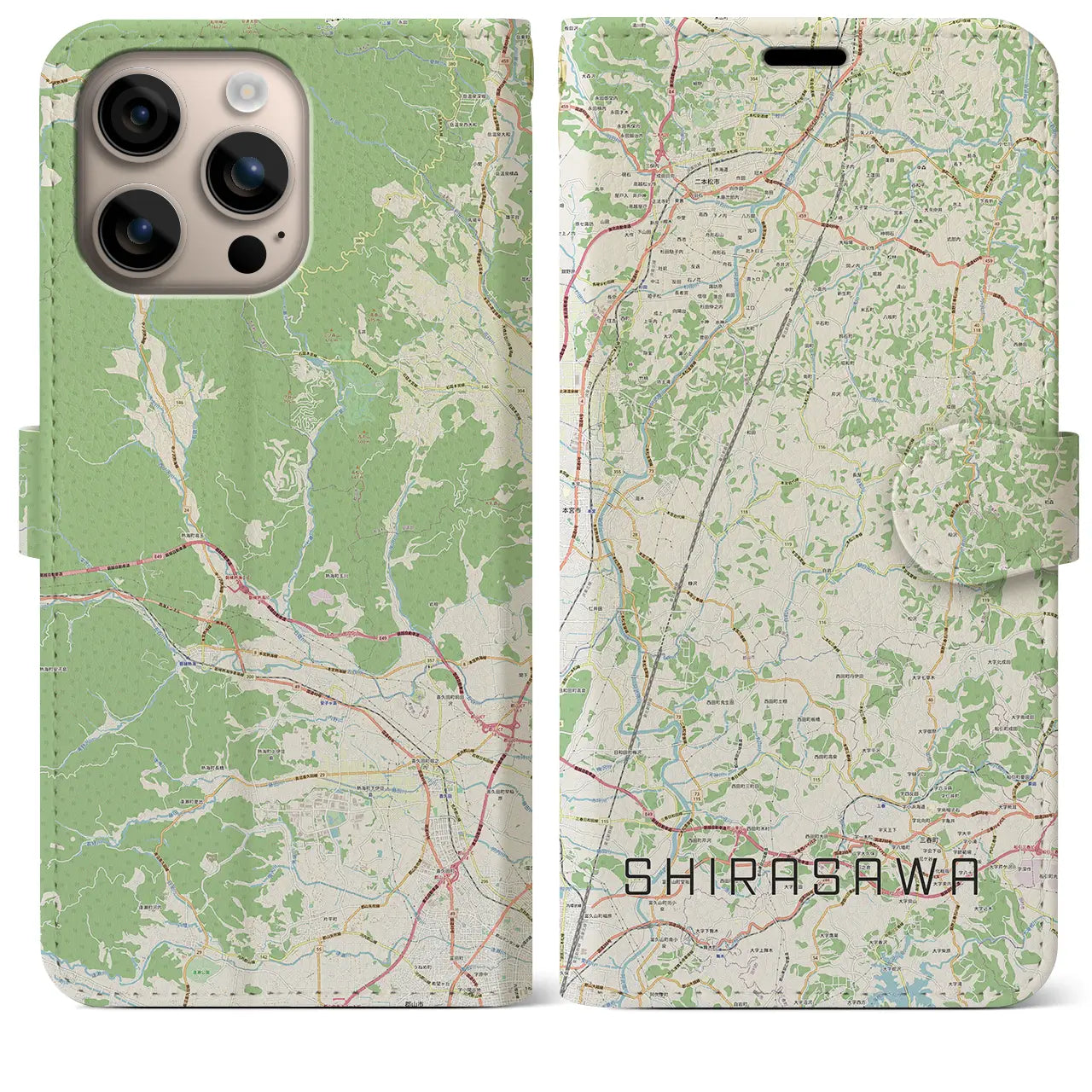 【白沢（福島県）】地図柄iPhoneケース（手帳タイプ）ナチュラル・iPhone 16 Plus 用