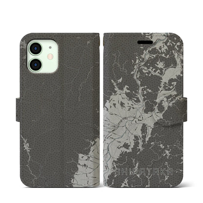 【白鷹（山形県）】地図柄iPhoneケース（手帳タイプ）モノトーン・iPhone 12 mini 用