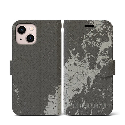 【白鷹（山形県）】地図柄iPhoneケース（手帳タイプ）モノトーン・iPhone 13 mini 用