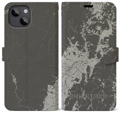 【白鷹（山形県）】地図柄iPhoneケース（手帳タイプ）モノトーン・iPhone 14 Plus 用