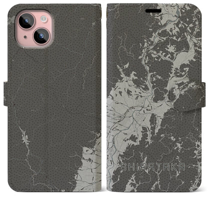 【白鷹（山形県）】地図柄iPhoneケース（手帳タイプ）モノトーン・iPhone 15 Plus 用