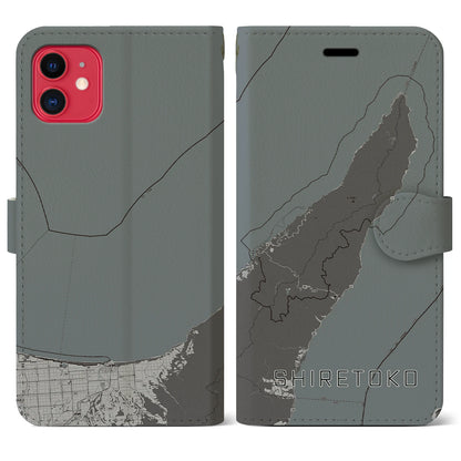 【知床（北海道）】地図柄iPhoneケース（手帳タイプ）モノトーン・iPhone 11 用