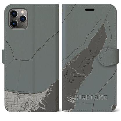 【知床（北海道）】地図柄iPhoneケース（手帳タイプ）モノトーン・iPhone 11 Pro Max 用