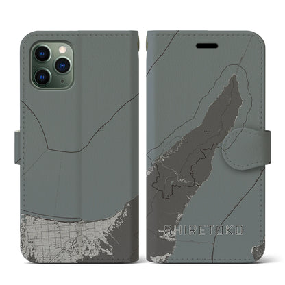 【知床（北海道）】地図柄iPhoneケース（手帳タイプ）モノトーン・iPhone 11 Pro 用