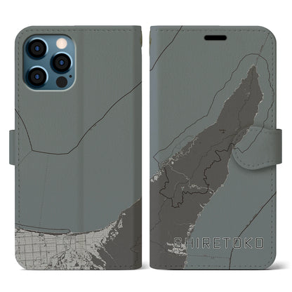 【知床（北海道）】地図柄iPhoneケース（手帳タイプ）モノトーン・iPhone 12 / 12 Pro 用