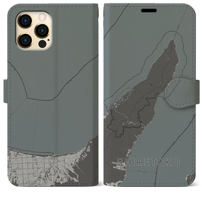 【知床（北海道）】地図柄iPhoneケース（手帳タイプ）モノトーン・iPhone 12 Pro Max 用