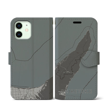 【知床（北海道）】地図柄iPhoneケース（手帳タイプ）モノトーン・iPhone 12 mini 用