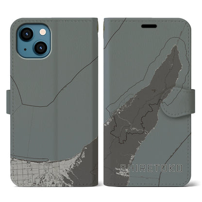 【知床（北海道）】地図柄iPhoneケース（手帳タイプ）モノトーン・iPhone 13 用